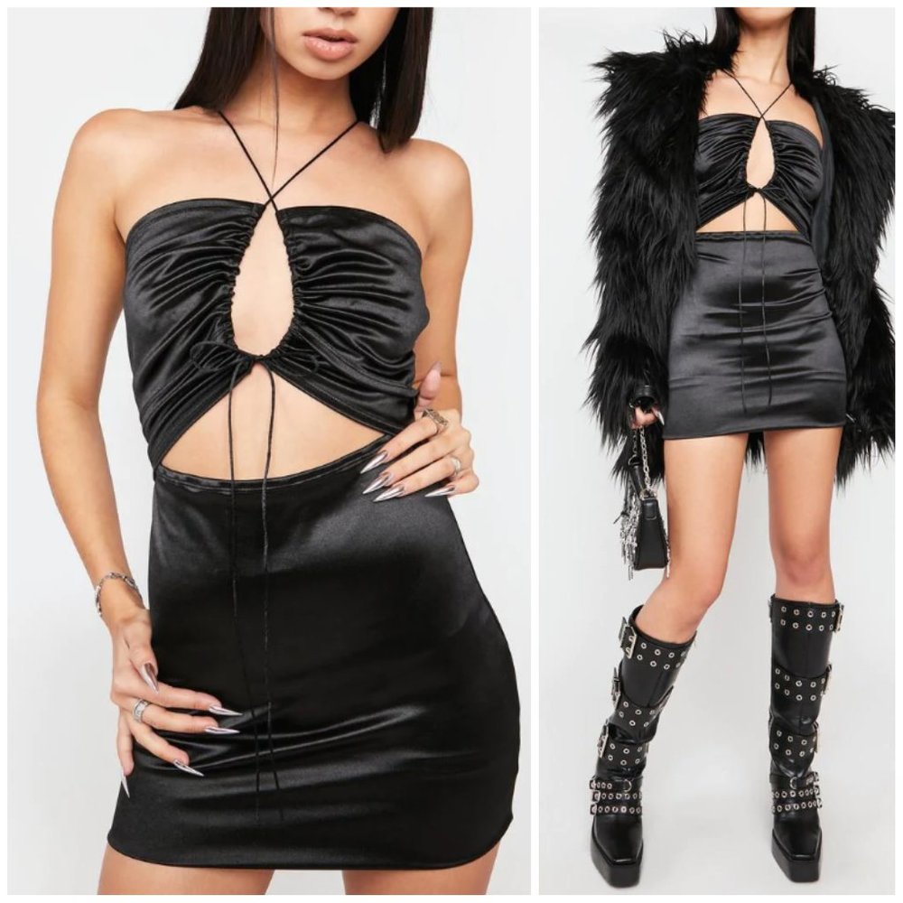 Dolls Kill NWT Keyhole Bodycon Ruched Dress Black Vacation Festival Honeymoon L